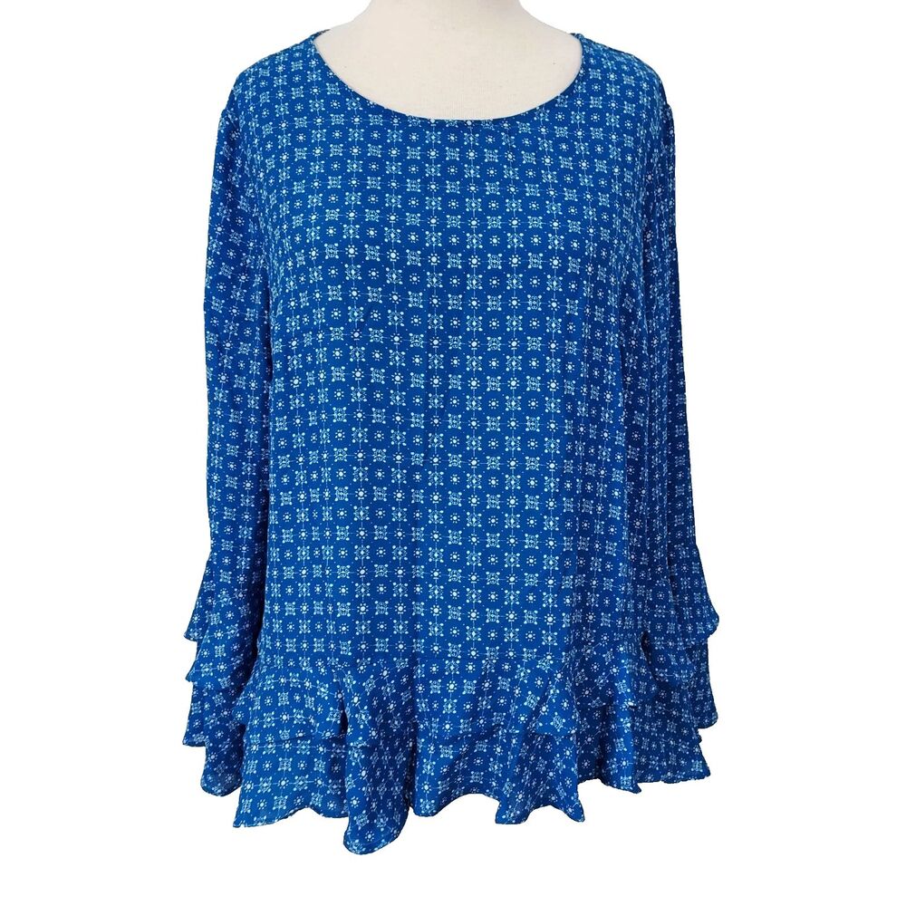 Worthington Shirt Top Tiered Bell Sleeves Ruffled Hem Flowy Blue Womens Size XL